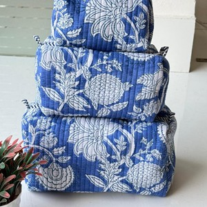 Blue Quilted Floral Cosmetic <b>Toiletry</b> Bag Set Multi-Function <b>Storage</b> Pouch for Makeup Skincare Organizer Vintage Style - Product Image 1