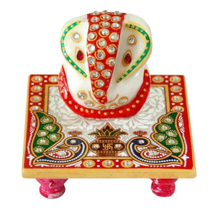 Marble Painted Ganesh Chowki Decorative <b>Elephant</b> Pedestal Traditional Wedding Favor Thank You <b>Gift</b> - Product Image 1