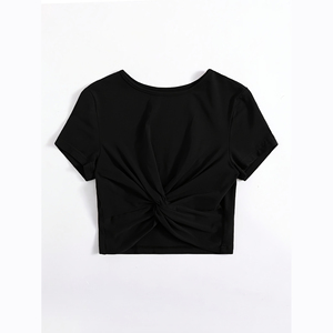 Camiseta Corta Gris para Mujer, Cuello Redondo, Espalda Fruncida, Corte Ajustado, Informal, Primavera Verano, Jersey de Algodón - Product Image 4