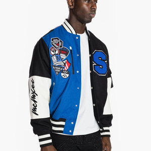 Chaqueta Varsity para Hombre, Azul, Negro y Blanco, con Parches, Botones, Resistente al Viento, Invierno, 100% Poliéster, Cuello Camisero, Estilo Casual, Corte Regular - Product Image 3