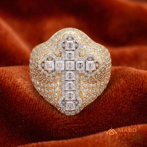 Mens Gold Tone Moissanite <b>Cross</b> <b>Ring</b> Hip Hop Engagement Gift Jewelry for Men Modern Wear - Product Image 2