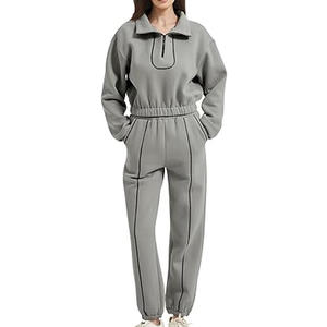 Ensemble de survêtement gris oversize en polaire avec sweat-shirt à quart de zip et pantalon unisexe, décontracté, respirant, couleur unie, pour l'automne - Product Image 4