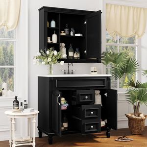 Mobile Bagno Moderno da 90 cm con Specchio Nero, Lavabo Integrato, 2 Ante a Chiusura Ammortizzata e 2 Cassetti - Soluzione Salvaspazio - Product Image 2