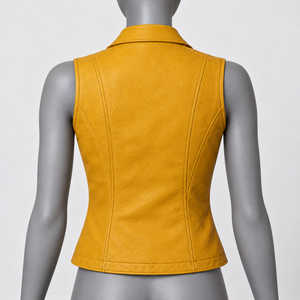 Chaleco de cuero amarillo para mujer, estilo motero, con cremallera, cuello asimétrico, sin mangas, ajustado, ropa exterior, estilo urbano - Product Image 2