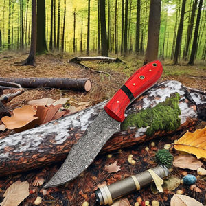 Cuchillo de Caza Plegable de Acero Damasco Forjado a Mano VG10, Mango de Madera de Espiga Completa, Funda de Cuero OEM/ODM, Hoja de Desollado de 12 Pulgadas - Product Image 1