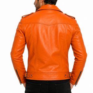 Blouson Moto Homme en Cuir PU Orange Coupe Slim Col Montant Fermeture Éclair Manches Classiques Style Hiver Logo Frontal Tendance Urbaine - Product Image 3