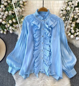 Chemisier vintage pour femme avec volants, col Peter Pan, manches ballon, superposition transparente, coupe ample, haut printemps-été - Product Image 5