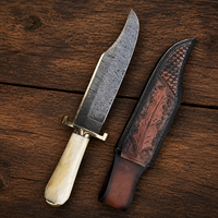 Couteau de chasse en acier Damas de qualité supérieure avec manche en os naturel, lame fixe, couteau de survie Bushcraft avec étui en cuir