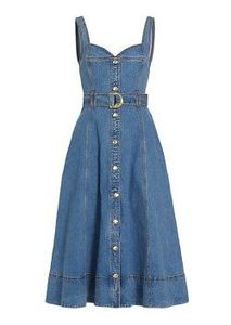 Vestido Midi Azul Vaquero sin Mangas con Pliegues Escalonados, Estilo Espalda Descubierta con Botones Delanteros para Fiestas Casuales - Product Image 4
