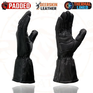 Gants de moto en cuir de cerf noirs pour hommes Samroz Sports, avec manchette longue et doublure thermique - Product Image 4