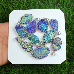 Natural <b>Titanium</b> Coated Druzy Gemstone Bezel Pendant Silver Plated Brass Jewelry Simple Boho Necklace Wholesale Jewelry - Product Image 4