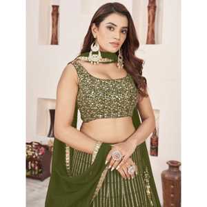 Outstanding Zeel Clothing Green <b>Sequins</b> Georgette Semi-Stitched Mehendi Wear Lehenga Choli - Product Image 4