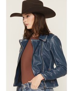 Blouson de motard pour femme en cuir de mouton véritable, bleu marine, avec patch étoile, en cuir d'agneau véritable ciré à la main, ceinturé, style cowgirl - Product Image 3