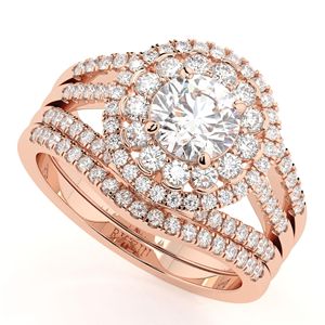 Round Cut Moissanite Double Halo Heavy Bridal Engagement <b>Set</b> <b>Ring</b> in 14K Yellow Gold Prong Setting for <b>Women</b> - Product Image 1