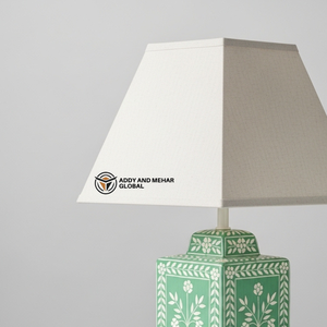 Lanterne de table artisanale en os vert incrusté, motif floral, lampe de chevet décorative carrée de luxe avec abat-jour en tissu pour la maison - Product Image 3