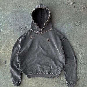 Custom Streetwear Black Hoodies Mens Blank Casual 450gsm Heavyweight French Terry Vintage Distressed Men Acid Wash <b>Zip</b> up Hoodie - Product Image 3