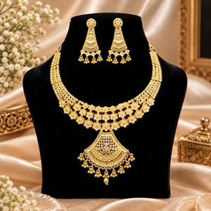 Graceful Floral Statement Necklace <b>Set</b> | 24K Gold Polish Copper Brass <b>Jewelry</b> | Traditional <b>Bridal</b> Wedding Pendant Earrings <b>Set</b> - Product Image 1