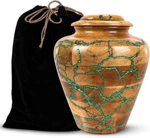 Green Cremation <b>Urn</b> for Adult Ashes with Gold Tree Design and Gold Bands Decorative <b>Large</b> Aluminium Funeral <b>Urn</b> With Metal Lid - Product Image 5