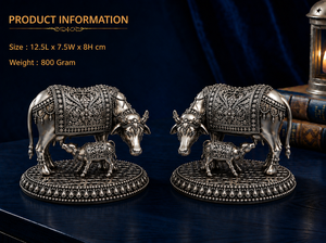 Paire d'idoles de vache et de veau en laiton plaqué argent oxydé 999, 12,5x7,5x8 cm, 100% laiton, Gau Mata Murti, décoration de temple Puja, cadeau spirituel, Jaipur - Product Image 3
