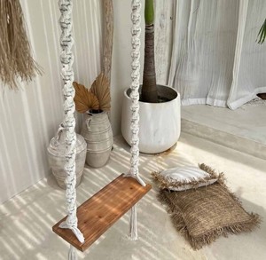 Handcrafted Boho <b>Macrame</b> Swing, Indoor/Outdoor Hanging Swing Made from Ablasia Wood and Cotton Rope, Balinese Decoration UBUD - Product Image 2