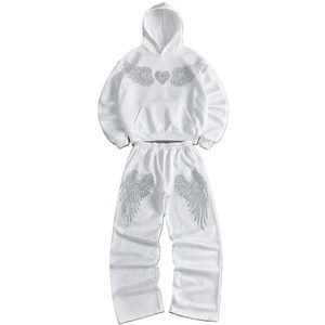 White Hooded Tracksuit Full Length Casual Jogger Set With Angel Wings Rhinestone Print Side Pockets Elastic Waist Unisex Adult - Product Image 1