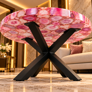 Mesa de Centro Redonda Moderna Hecha a Mano con Resina de Ágata Rosa y Base en X de Metal Negro para Sala de Estar - Product Image 4