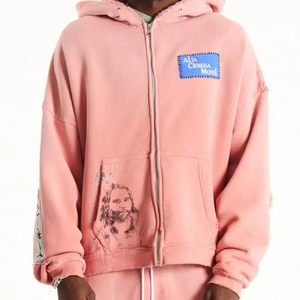 Sudadera con Capucha para Hombre, Color Rosa, Corte Regular, Cierre de Cremallera, Parche en la Manga con Estampado Gráfico, Informal, 100% Algodón, Ecológica, para Invierno - Product Image 1
