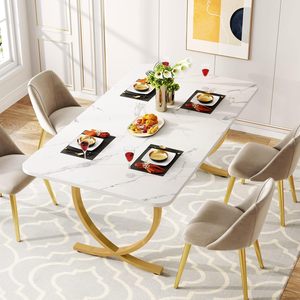 Modern White Marble Dining <b>Table</b> Gold Metal Base Luxury <b>Rectangle</b> Kitchen <b>Table</b> Contemporary Home Furniture Set - Product Image 5