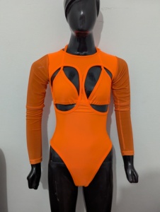 Body de manga larga con aberturas para mujer, leotardo de baile elástico, traje de actuación personalizado - Product Image 1