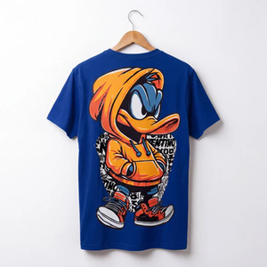 Men's Black Short Sleeve T-Shirt With Duck Character Print Street Style Hoodie Design <b>Back</b> Logo Regular Fit Cotton Jersey - Product Image 3
