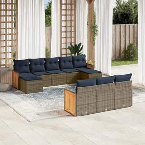 Ensemble de canapés de jardin en polyrotin gris avec coussins, 10 pièces, mobilier d'extérieur, structure en teck, design contemporain - Product Image 1