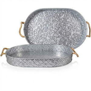 Ensemble de plateaux ovales en métal galvanisé avec poignées en corde, plateaux décoratifs vintage pour la maison, la cuisine, le bar et les événements - Product Image 1