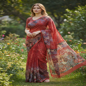 The Timeless Tradition Latest Trendy Fashion Indian <b>Red</b> <b>Saree</b> With Printed Pattern Intricate Elegance Look For Regular Wear - Product Image 1