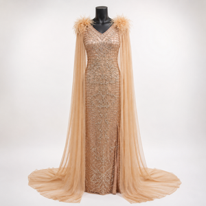 Robe de soirée de luxe en or champagne perlée pour femme, élégante, col en V, avec cape en plumes, robe longue formelle pour mariage, fête, bal de promo, cocktail - Product Image 1
