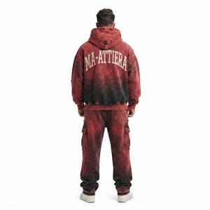 Conjunto de Sudadera con Capucha y Pantalones Cargo para Hombre, Estilo Acid Wash Rojo y Negro, de Algodón y Felpa, Oversize, Streetwear, OEM, Venta al Por Mayor - Product Image 2