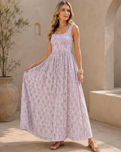 Vestido Maxi Boho Estampado con Corte Evase, Escote Cuadrado y Cintura Imperio, 100% Algodón Chifón con Capa Transparente - Casual para Uso Diario de Verano - Product Image 1