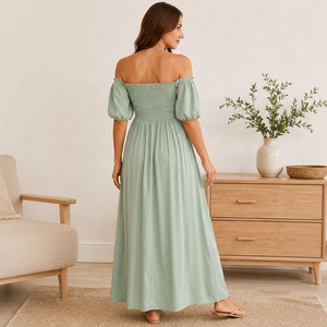 Robe de maternité smockée à épaules dénudées, longue, coupe trapèze, couleur unie, respirante, pour femme, idéale pour l'été - Product Image 6