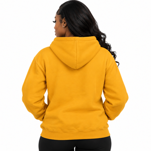 Women Golden <b>Yellow</b> Pullover <b>Hoodie</b> with Royal Blue Letter and Multicolor Crest Graphic Design Long Sleeve Hooded Sweatshirt - Product Image 2