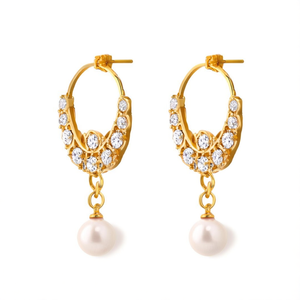 Matte Designer Charm Hoop Earrings with Zircon and Pearl - Product Image 2