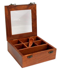 Caja de especias de madera Masala Daani con tapa transparente y cuchara de madera, organizador de especias marrón para cocina, almacenamiento decorativo de especias. - Product Image 5