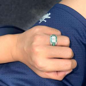 Radiant Cut Moissanite <b>Cocktail</b> <b>Ring</b> Emerald Accents Silver Prong Setting Luxury Unisex Geometric Engagement <b>Ring</b> <b>Gold</b> Plated - Product Image 2