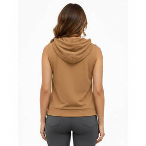 Sweat-shirt à capuche sans manches pour femmes, couleur unie, respirant, tricoté, vêtements décontractés, haut à la mode d'automne avec poches - Product Image 4