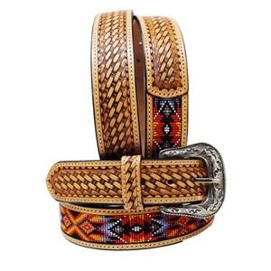 Cinturón Reversible de Cuero Vacuno con Patrón Geométrico de Cuentas y Hebilla Plateada Estilo Western, Cuero Bordado de Estilo Étnico - Product Image 2