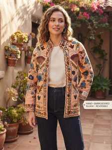 Vintage Floral Embroidered Velvet Short <b>Jacket</b> Stand Collar Winter Men Outerwear Casual Boho Coat 100% Cotton Eco-Friendly - Product Image 2