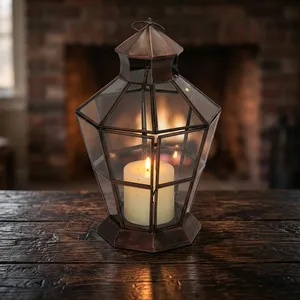 Hexagon <b>Brass</b> <b>Lantern</b> With Glass Panels Durable Outdoor Candle Holder Home Decoration - Product Image 1