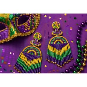 Rizir Fashion Mardi Gras Imitation Pearl <b>Beaded</b> Embroidery Handmade Fringe Statement Dangle Earrings Purple Green Gold Party - Product Image 2