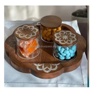 Most Ramadan <b>Eid</b> <b>Gift</b> Round Acacia Wood Mop Inlay Chocolate Decorative Tray Mother of Pearl Dessert Decorative Tray - Product Image 5