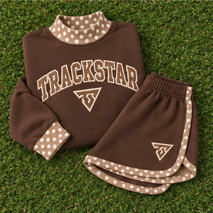 Women's Chocolate Brown Contrast Polka Trim Mock Neck 2-Piece <b>Shorts</b> <b>Set</b> Custom Casual Sportswear - Product Image 6
