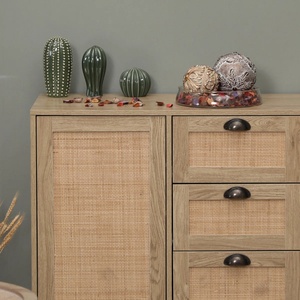 Walnut Wood <b>Cabinet</b> with Rattan Doors Modern Storage Unit <b>Metal</b> Base Stylish Durable Design for Living Room and Entryway Decor - Product Image 6