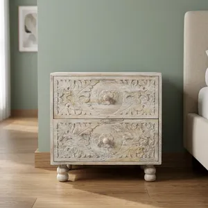 Mesa de Noche Vintage de Madera Tallada a Mano con Dos Cajones, Diseño Floral, Gabinete de Almacenamiento para Dormitorio o Sala de Estar - Product Image 5